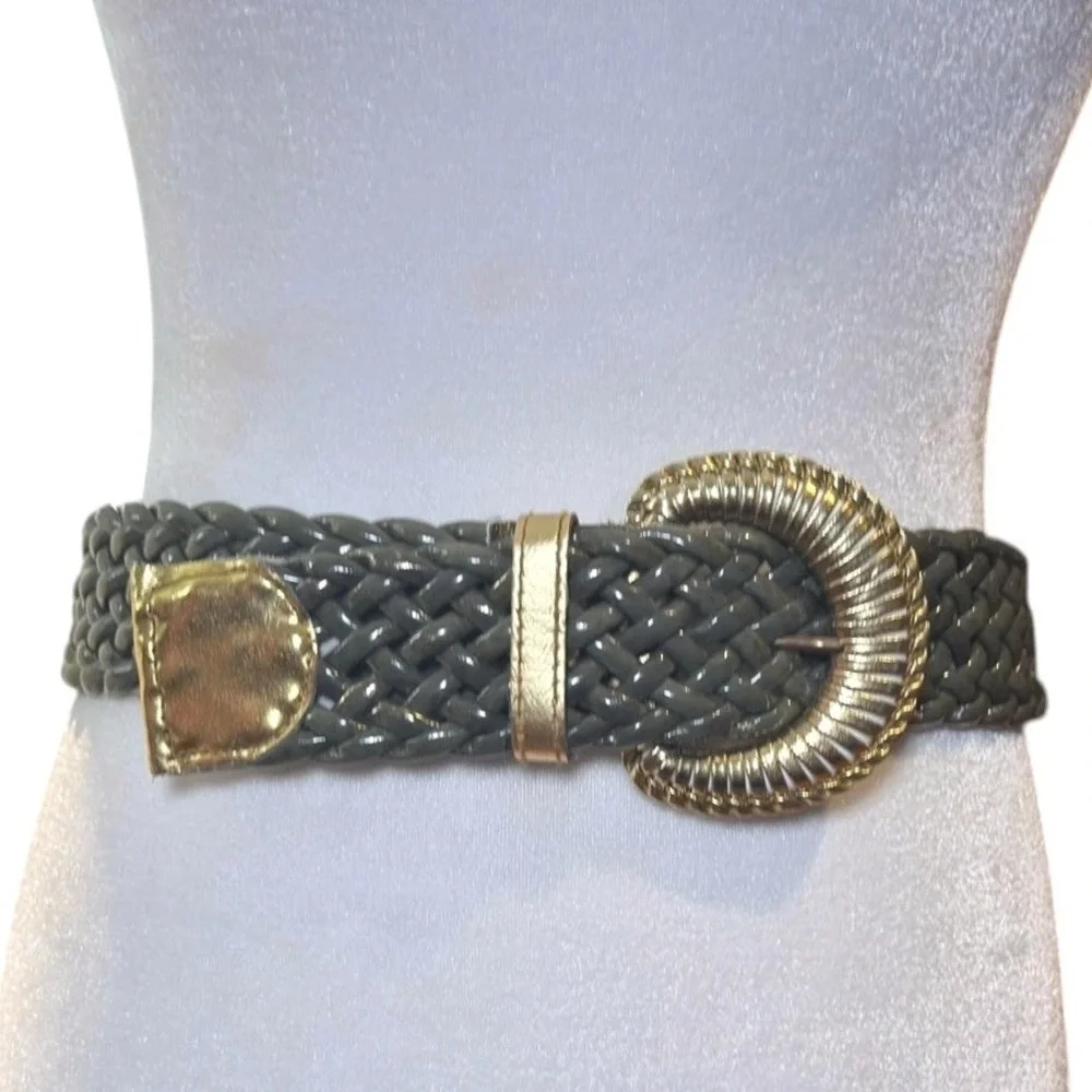 Olive Green Glossy Braided Belt Gold Buckle Wide Stretch Resort Chic Boho 38IN